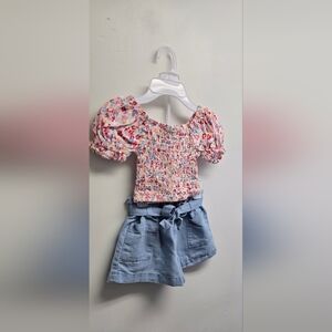 2pc Floral Smocked Puff Sleeve Top & Light Blue Tie-Waist Shorts Set